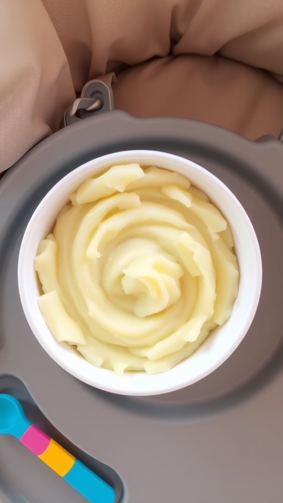 Creamy mashed potatoes in a baby bowl with a spoon, set on a high chair tray.
